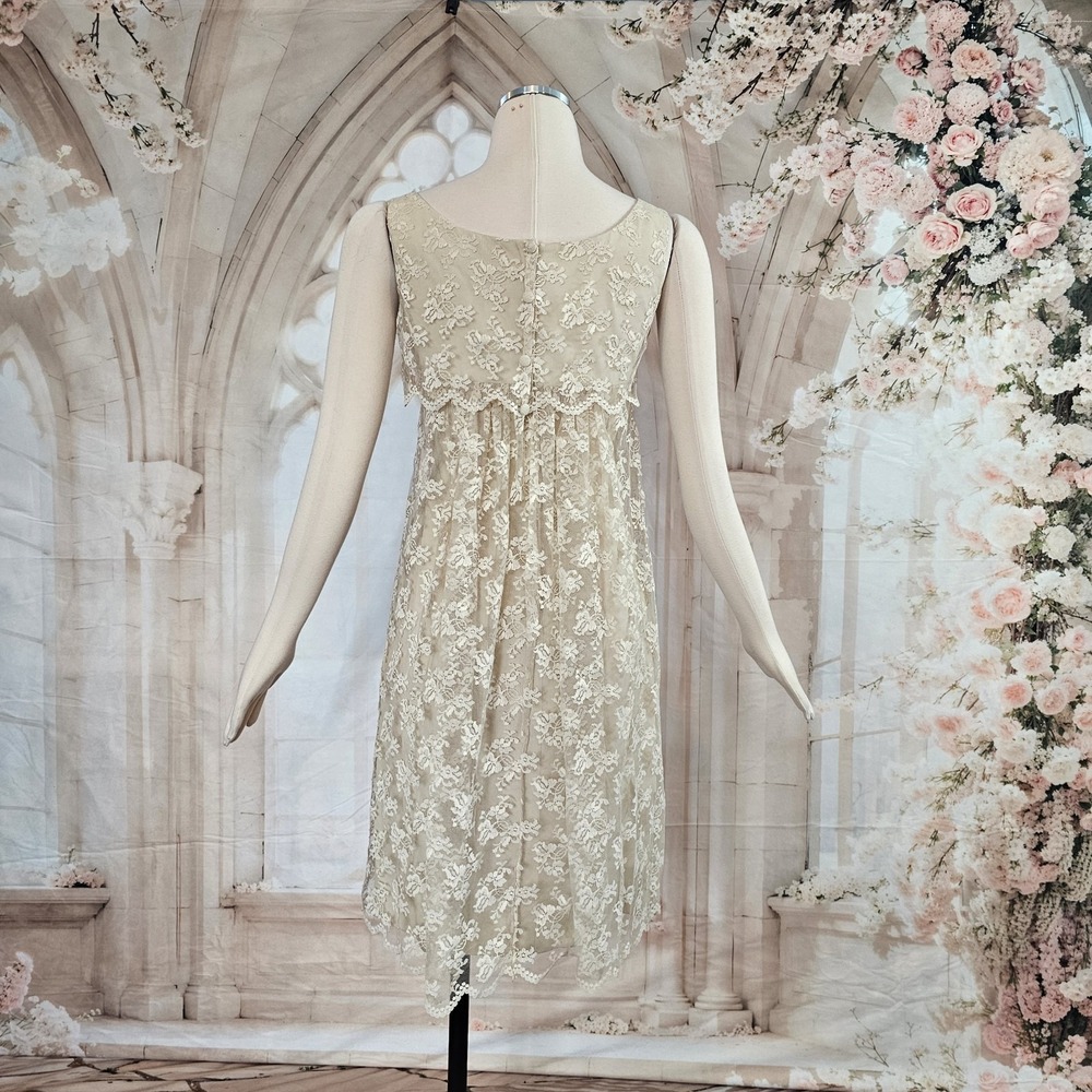 Vintage 1960's Dress Shift Beige Lace Overlay Empire Waist Mod Formal - Picture 13 of 14